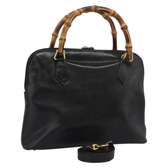 GUCCI Bamboo Hand Bag Leather 2way Black Gold - Picture 2 of 16